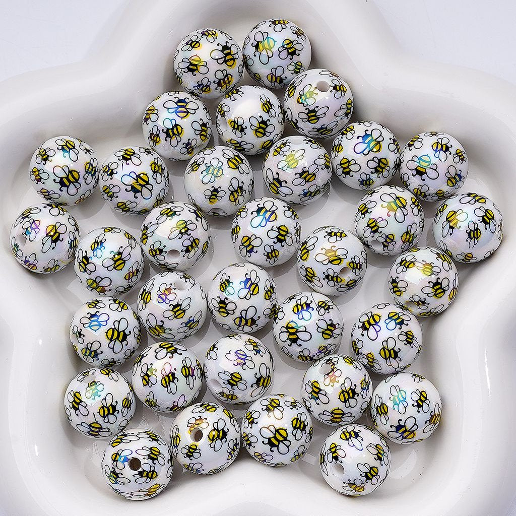UV Coating Mini Cute Bees White Round Acrylic Beads, 16MM