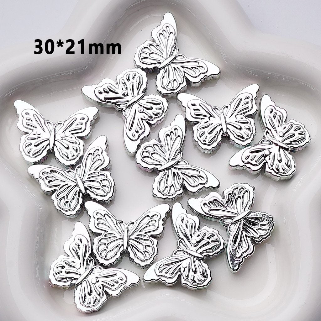 Butterfly Acrylic Beads in Holographic Galaxy Silver, Iridescent Metallic Finish, Around 30*21MM