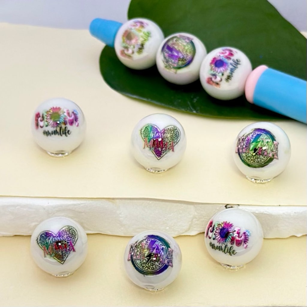 Mom Mama Jaguar UV Finish Print Heart Flower White Round Acrylic Beads, 16MM, Random Mix