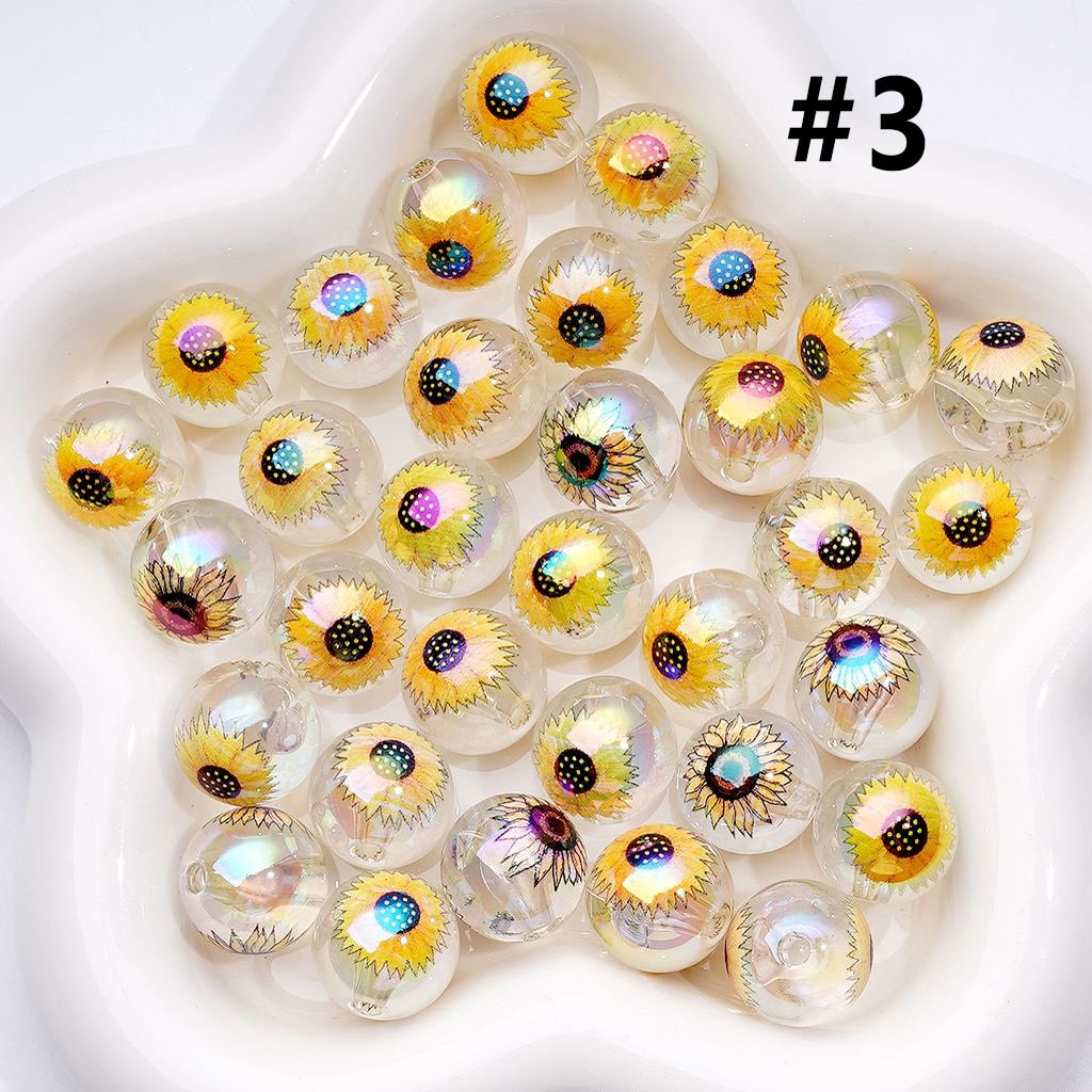 UV Coating Clear White Round Acrylic Beads with Sun Flowers 16MM