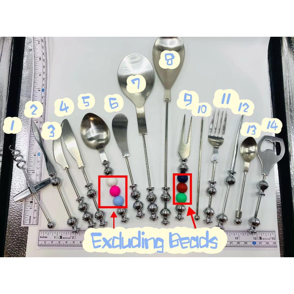 Beadable Envelope Opener, Corkscrew Bottle Opener, Cheese Butter Knife, Dessert Spoon, Fork, Teaspoon, Grill Utensils