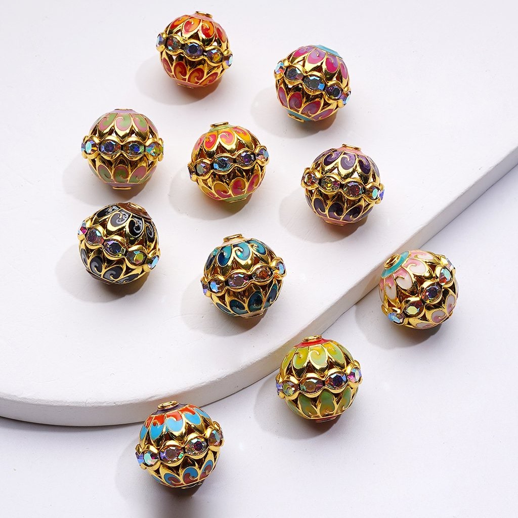 Nepalese Gold-Silver Alloy Beads – Vibrant Painted AB Rhinestones, 15x16MM