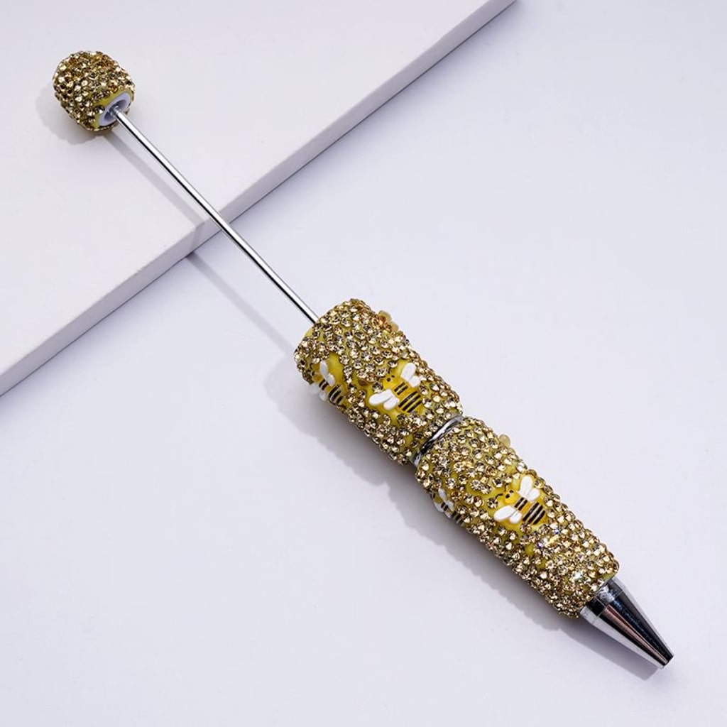 Beadable Clay Pens with Adorable Yellow Bee and Gold Rhinestone Accents Full Pen Coverage for DIY Crafts