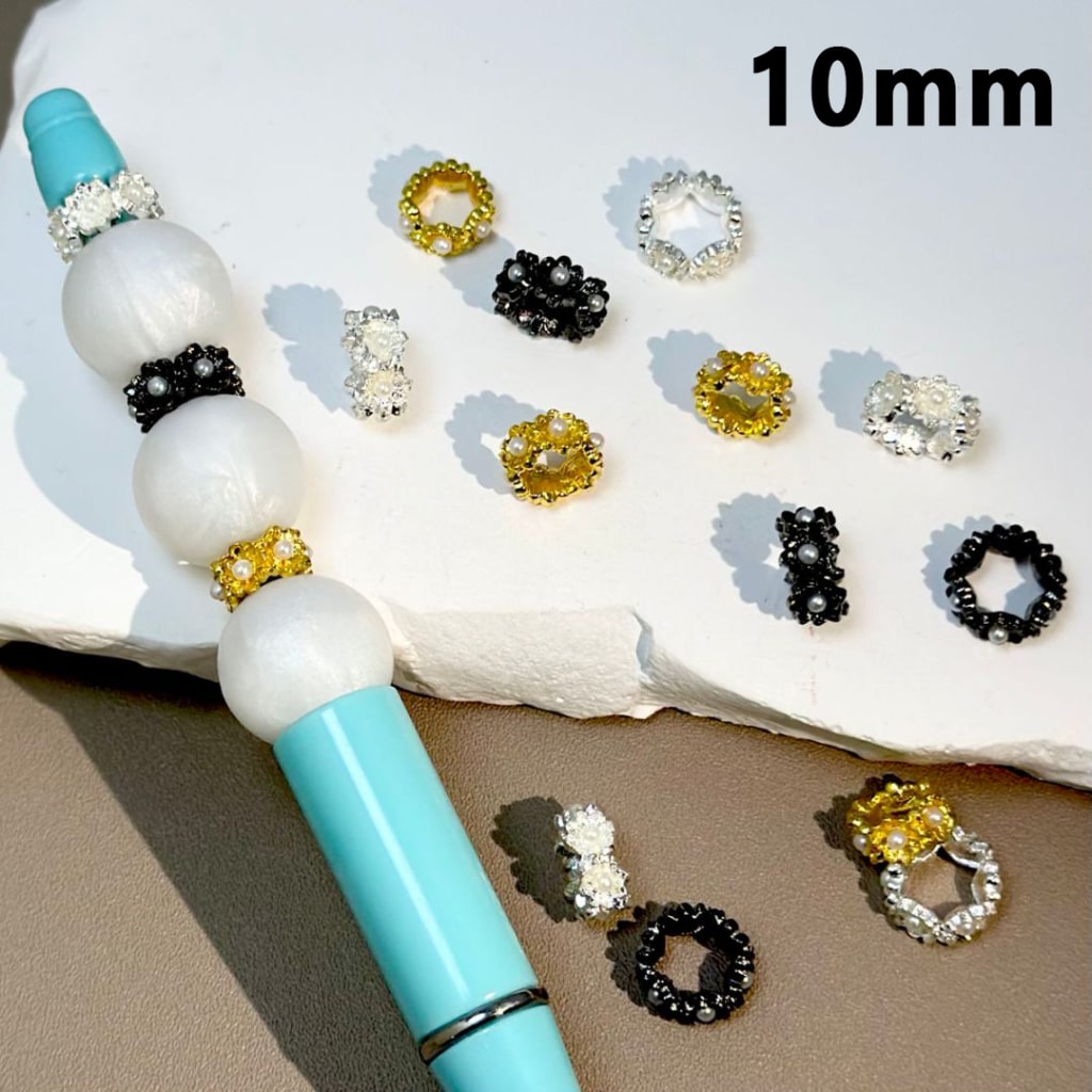 Metal Delicate Spacer with Flowers, Silver Gold Black, White Pearls Inside, 10MM