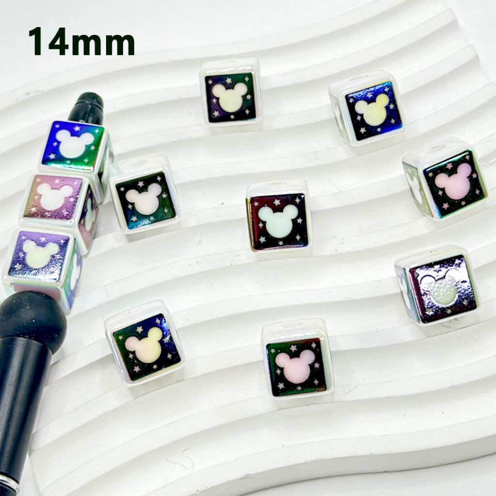 Mouse Head Micki UV Finish Black White Star Cube Square Acrylic Beads, 14MM