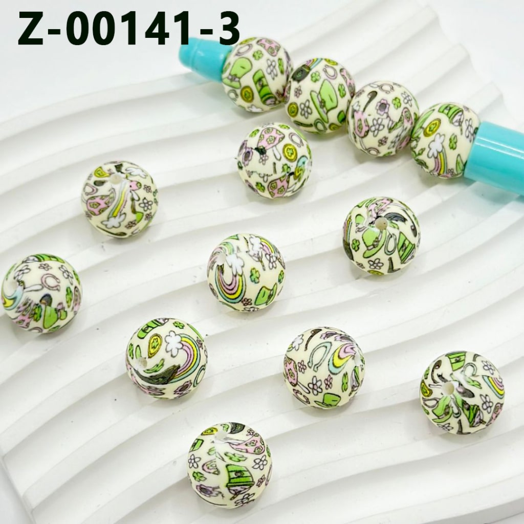 Round Printed Silicone Beads, 15mm, with Green Leaf Clover, Rainbow Cloud, Hat Drink Flower, Number Z-00141