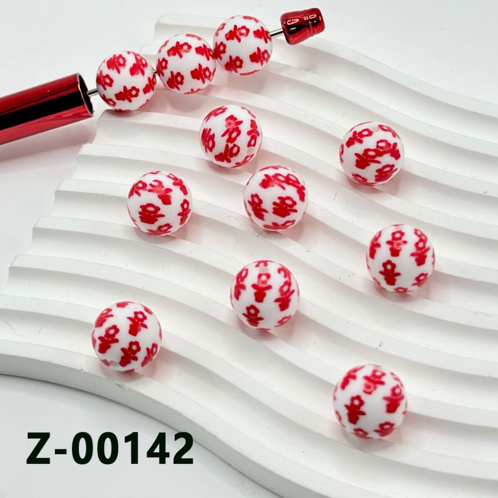 Plant Bonsai Flower Cute Red Potted Round Printed Silicone Beads 15mm, Number Z-00142