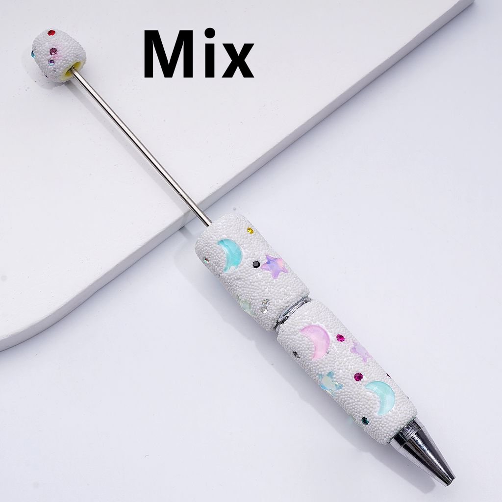 Clay Beadable Pens – Decorated with Cute Stars, Crescent Moons, Colorful Rhinestones & Mini White Snowballs