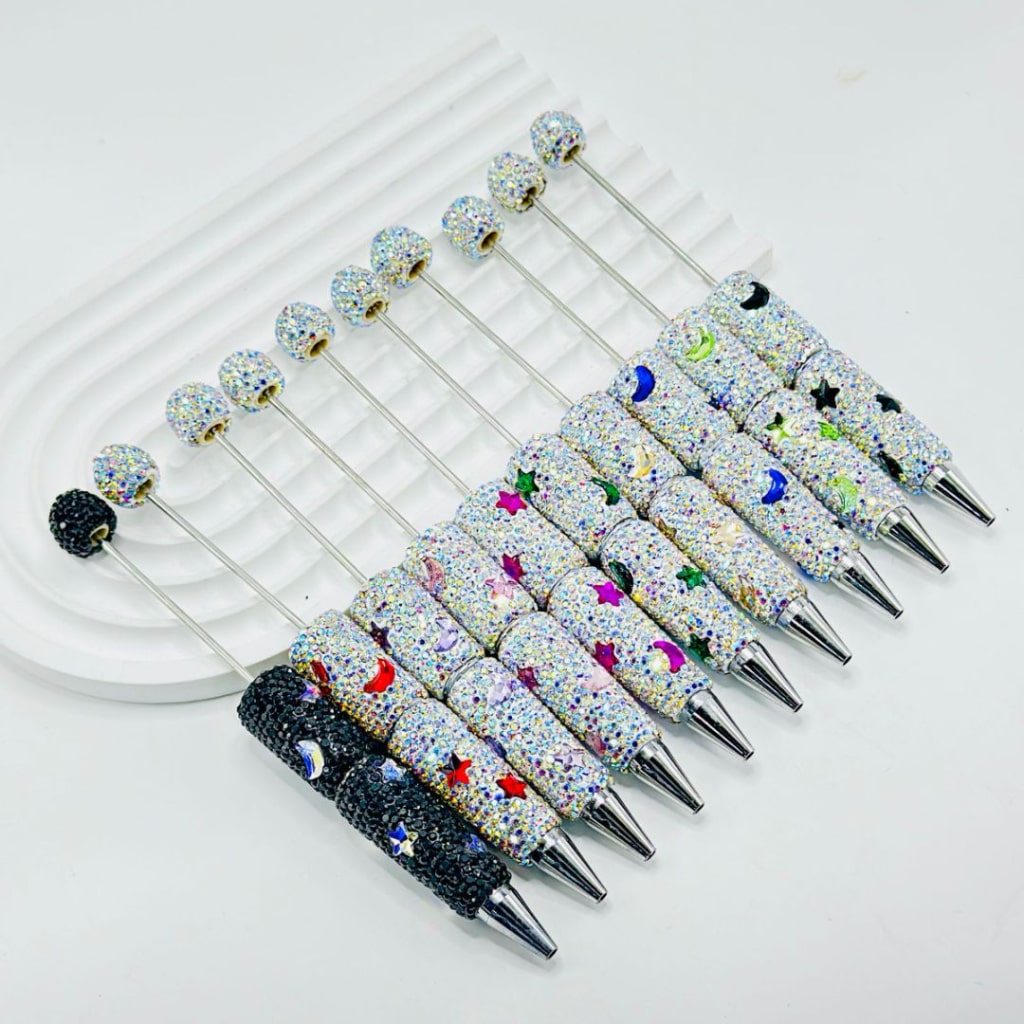 AB Color & Colorful Star with Moon Rhinestones Beadable Clay Pens, Covered the Entire Pen