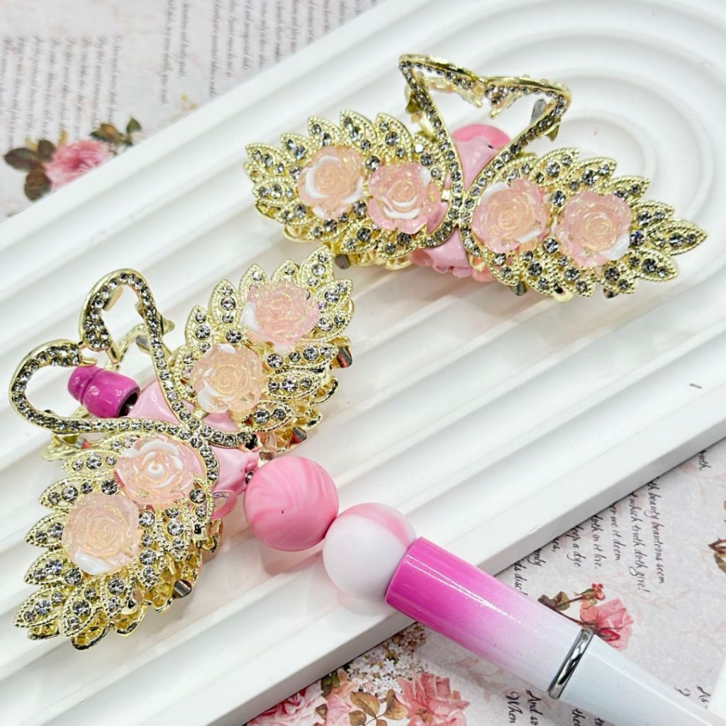 Gold Color Alloy Exquisite Swan with Cute Pink Flowers, Clear Pearls, Mini Clear Rhinestones, and Clay Beads, Around 78*37MM