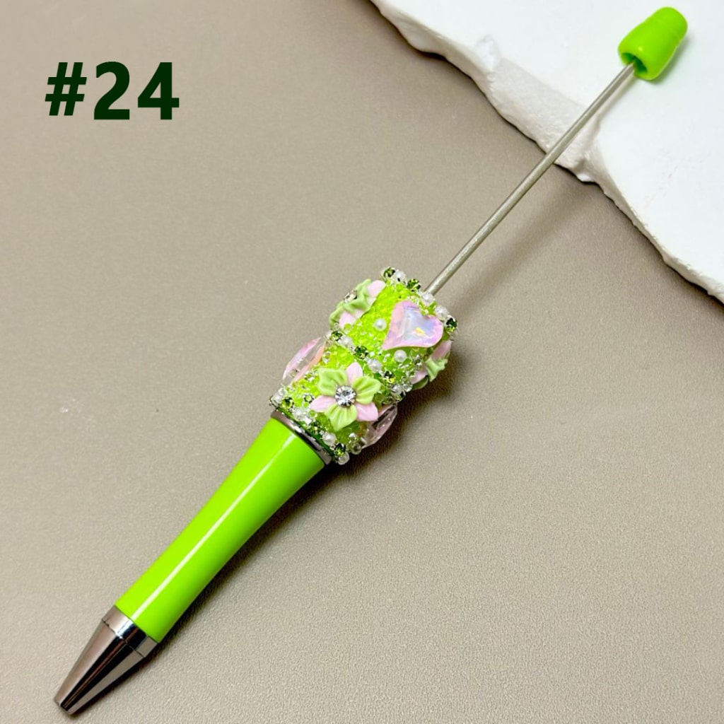 White Pearl & Rhinestone Chain Beadable Pen with Colorful Mini Flower Heart Rhinestone in Solid Color