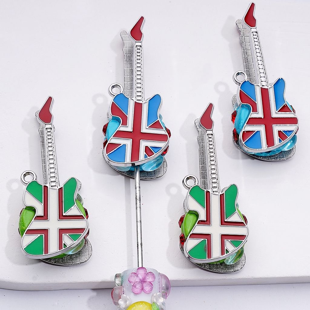 Silver Alloy Guitar Clay Beads Adorned with Shiny Rhinestones and Oval Pearls, Around 57*22MM