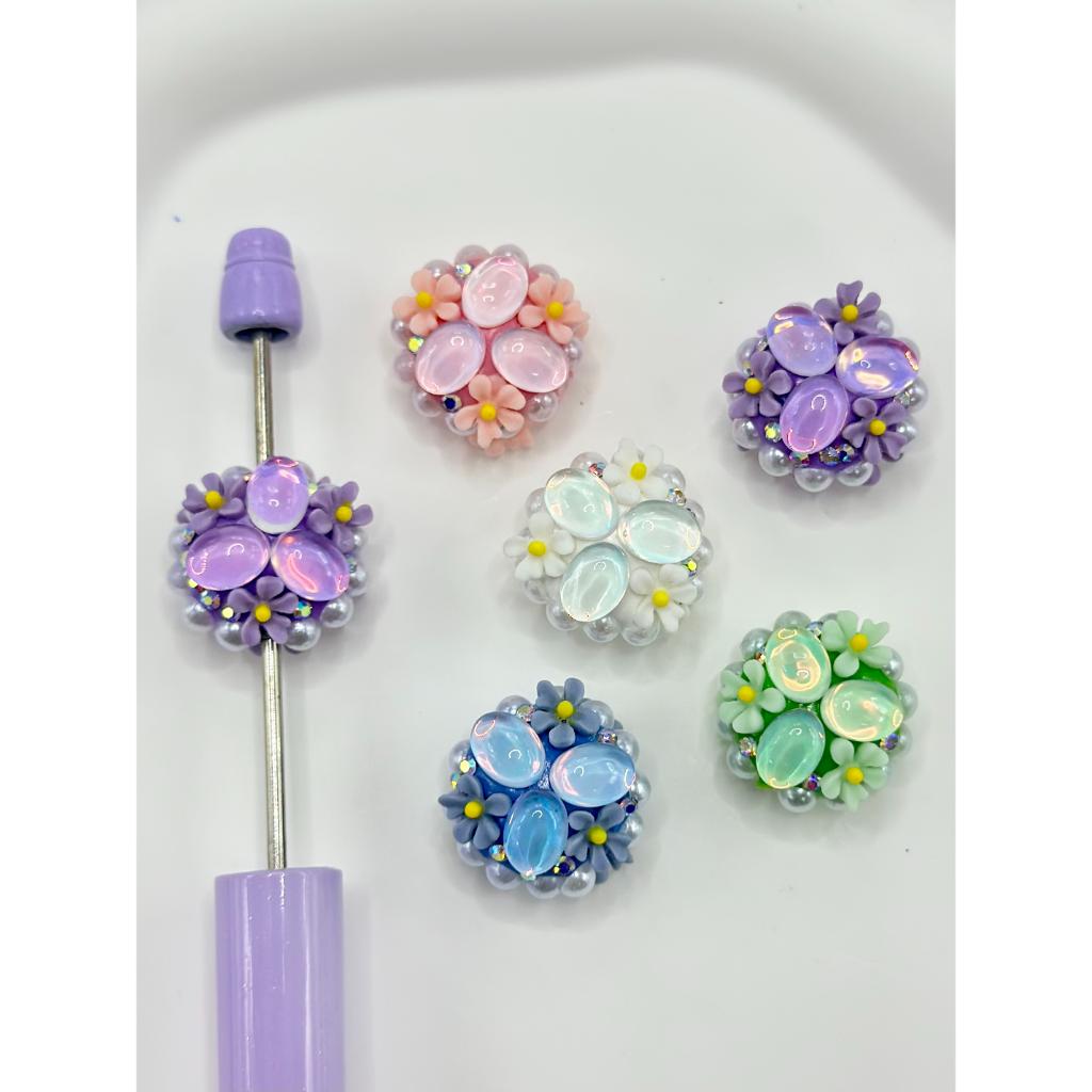 Clay Spring Daisy Beads with Flower, Pearl Flatback, and Crystal Rhinestones