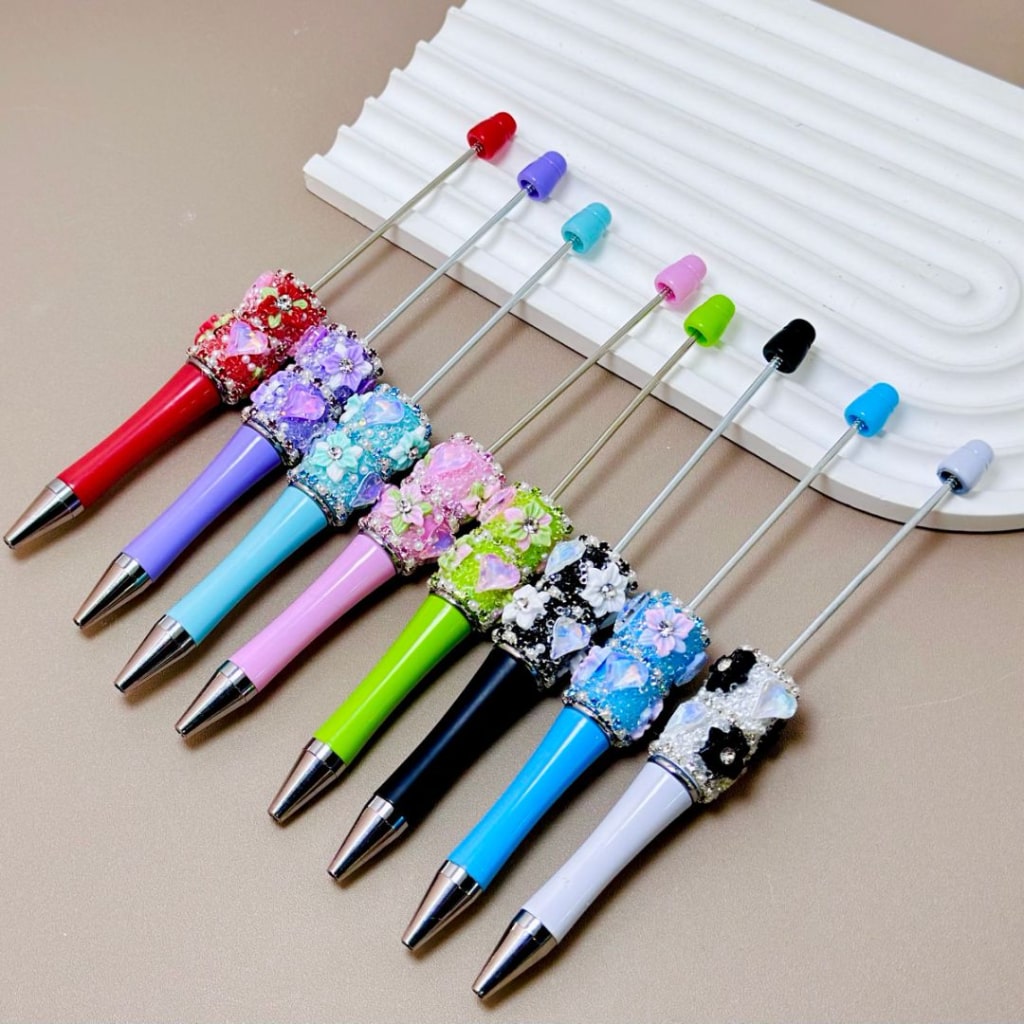 White Pearl & Rhinestone Chain Beadable Pen with Colorful Mini Flower Heart Rhinestone in Solid Color