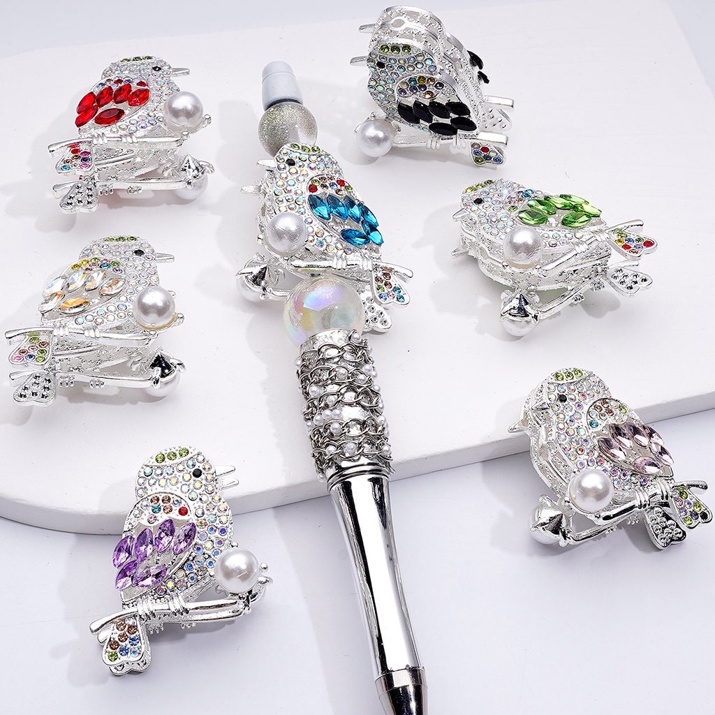 Elegant Silver Alloy Bird Charm Colorful Rhinestones & White Pearls Detail, Random Mix, Approx. 41×32MM
