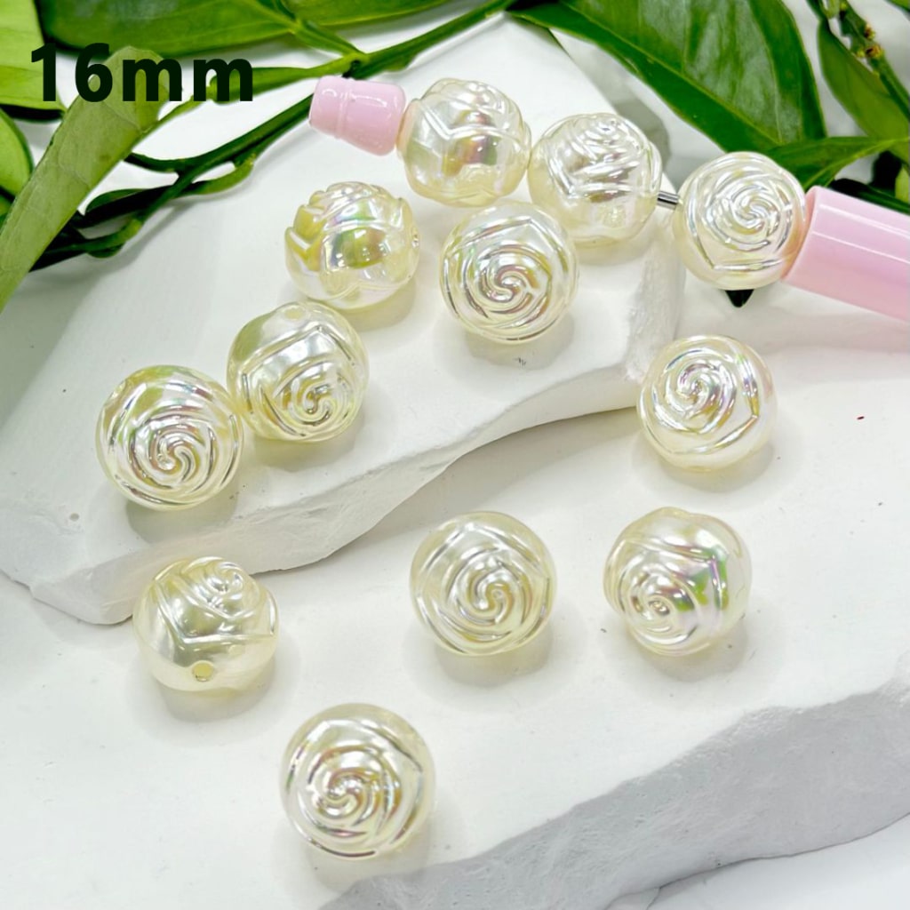 White Rose Flower UV Finish Pearl Round Acrylic Beads, 16MM