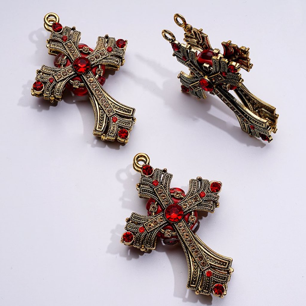 Elegant Dark Gold Alloy Cross with Sparkling Rhinestones, Small Ring & Clay Beads Approx. 74x52MM