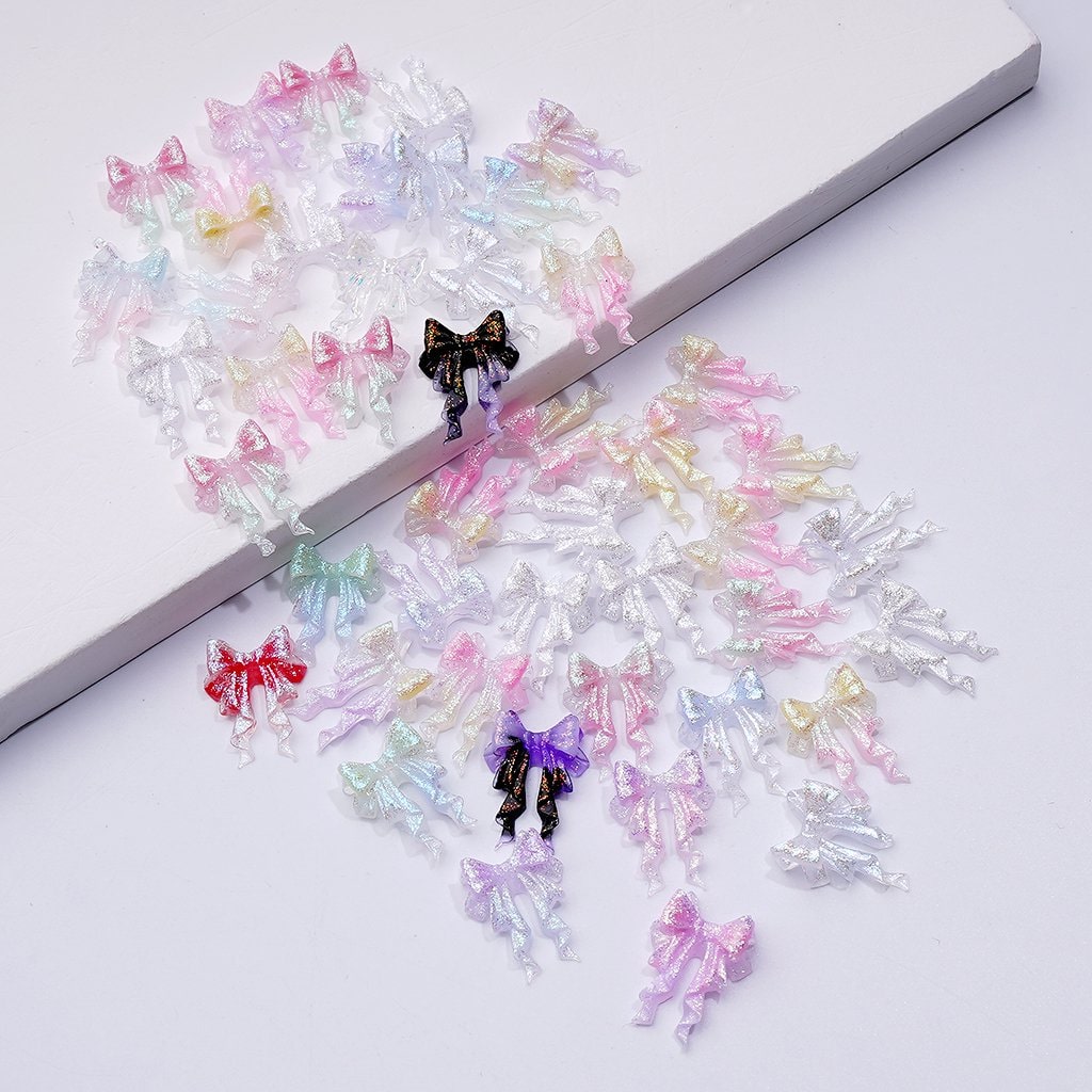 DIY Cute Shiny Glitter Soft Bowknot with Ribbon Charms for Jewelry Accessories Rhinestones Adding, Around 10*14MM