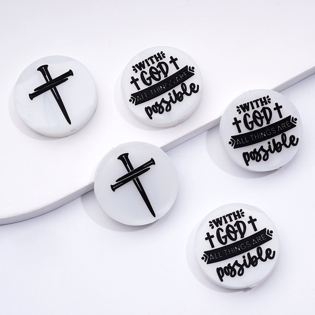 With God All Things Are Possible' Cross Pendant Silicone Focal Beads, Religious Jesus Design