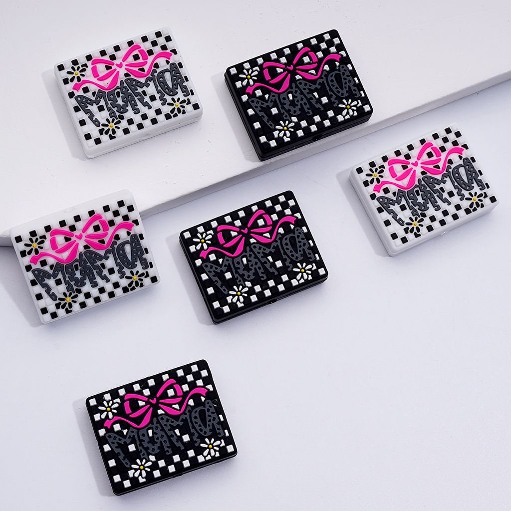 Charming Mini Rectangle Silicone Focal Beads Black & White Checkered with Red Bow & Floral Accents