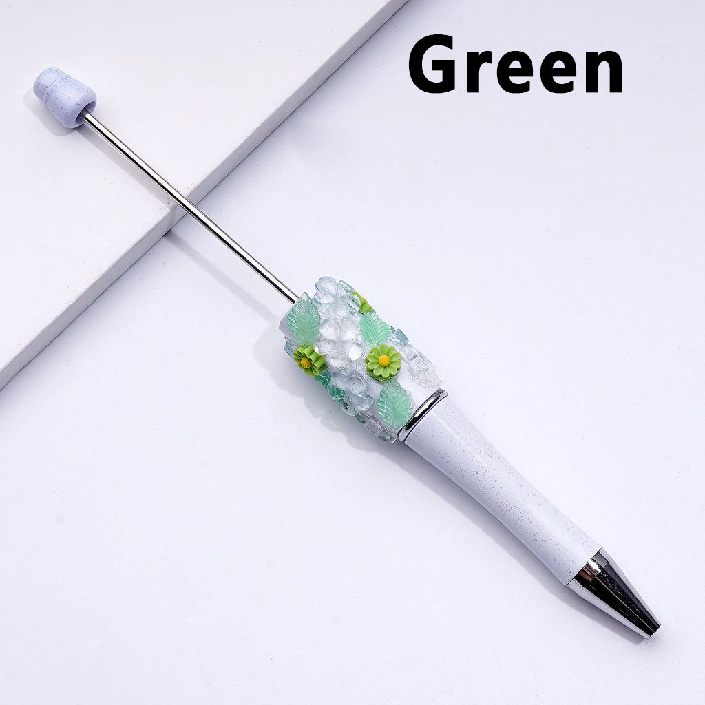 Elegant White Glitter Beadable Pen – Adorned with Vibrant Flowers & Green Leaf Accents