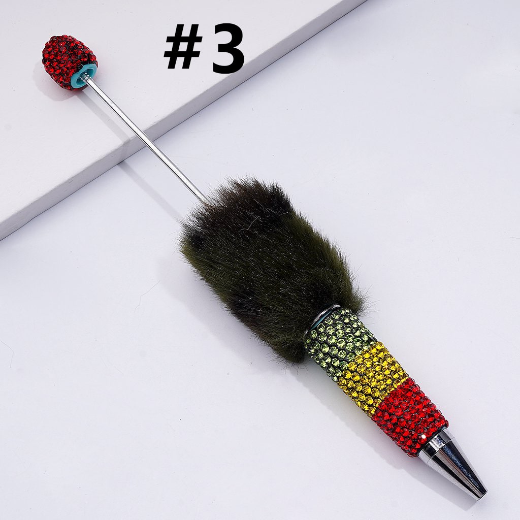 Pom Pom Beadable Clay Pens Covered with Shiny Green Yellow Red Rhinestones Along the Entire Pen