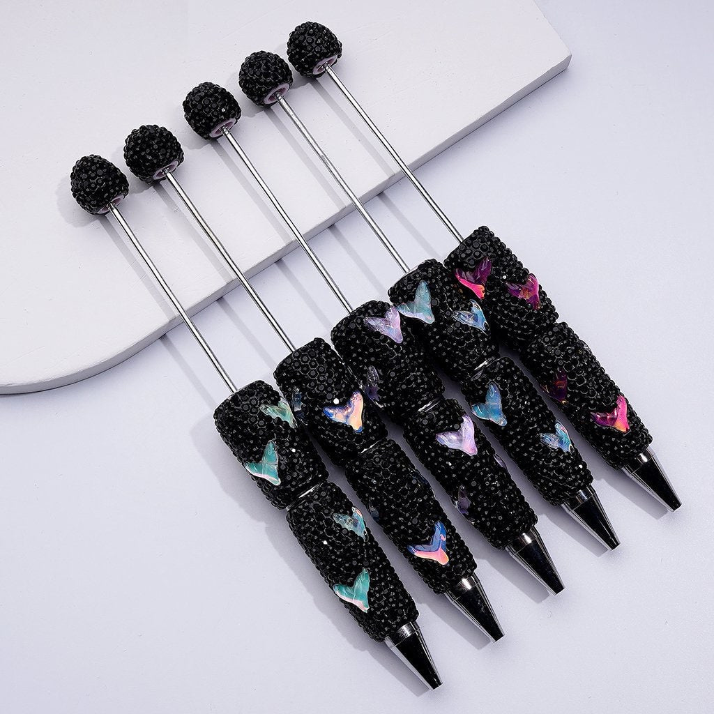 Beadable Clay Pens with Cute Clear Colorful Fish Tails, Fully Covered in Black Rhinestones