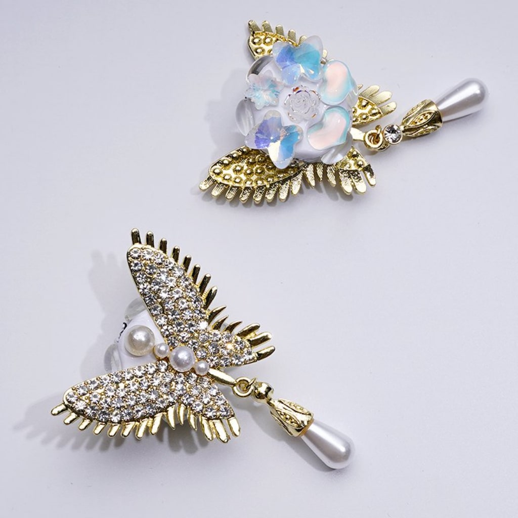 Gold Alloy Bling Bling Fancy Butterfly with Clear Shiny Rhinestones White Pearls Pendants Shiny Butterflies Hearts Stars Flowers Clay Beads, Around 40*58MM