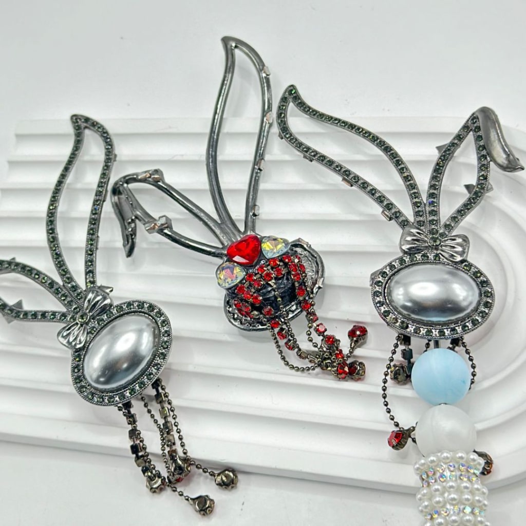Gun Black Vivid Alloy Rabbit Bunny with Long Ears, Oval Head, Red Rhinestones, Chains, Pendants, Heart Diamonds, Black Oval Pearls, and Clay Beads, Around 100*78MM