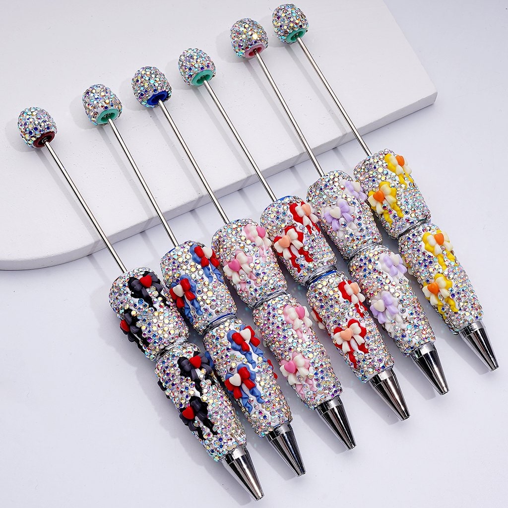 Beadable Clay Pens Decorated with Ribbon Bowknots & AB Rhinestones, Full Coverage, Random Mix