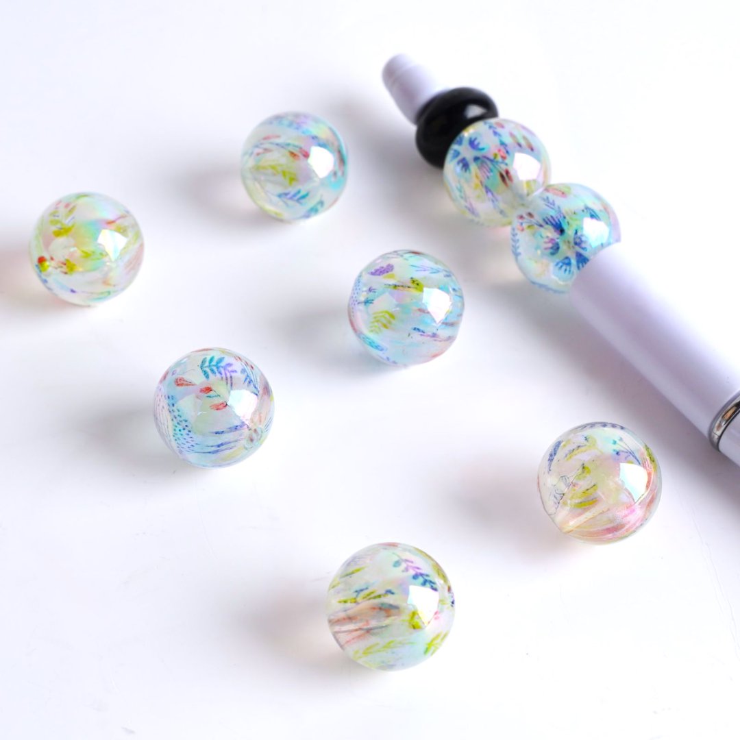 Small Flowers with Leaves Prints with UV Coating Clear Acrylic Beads Random Mix, 16MM