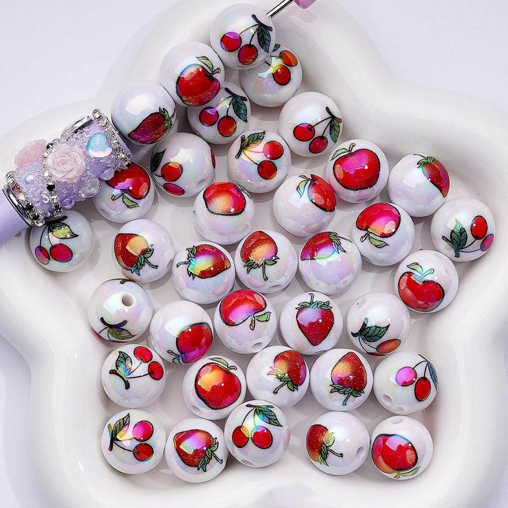 UV Coating Round Acrylic Beads Red Apples Strawberries Cherries 16MM Random Mix