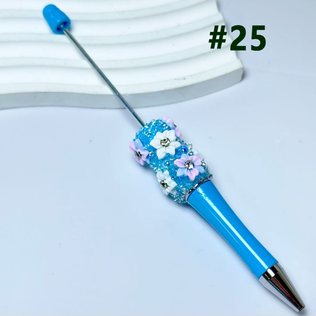 Mini Cute DIY Beadable Pen with Flowers Clear Rhinestone Inside Shiny Pearls in Solid Color