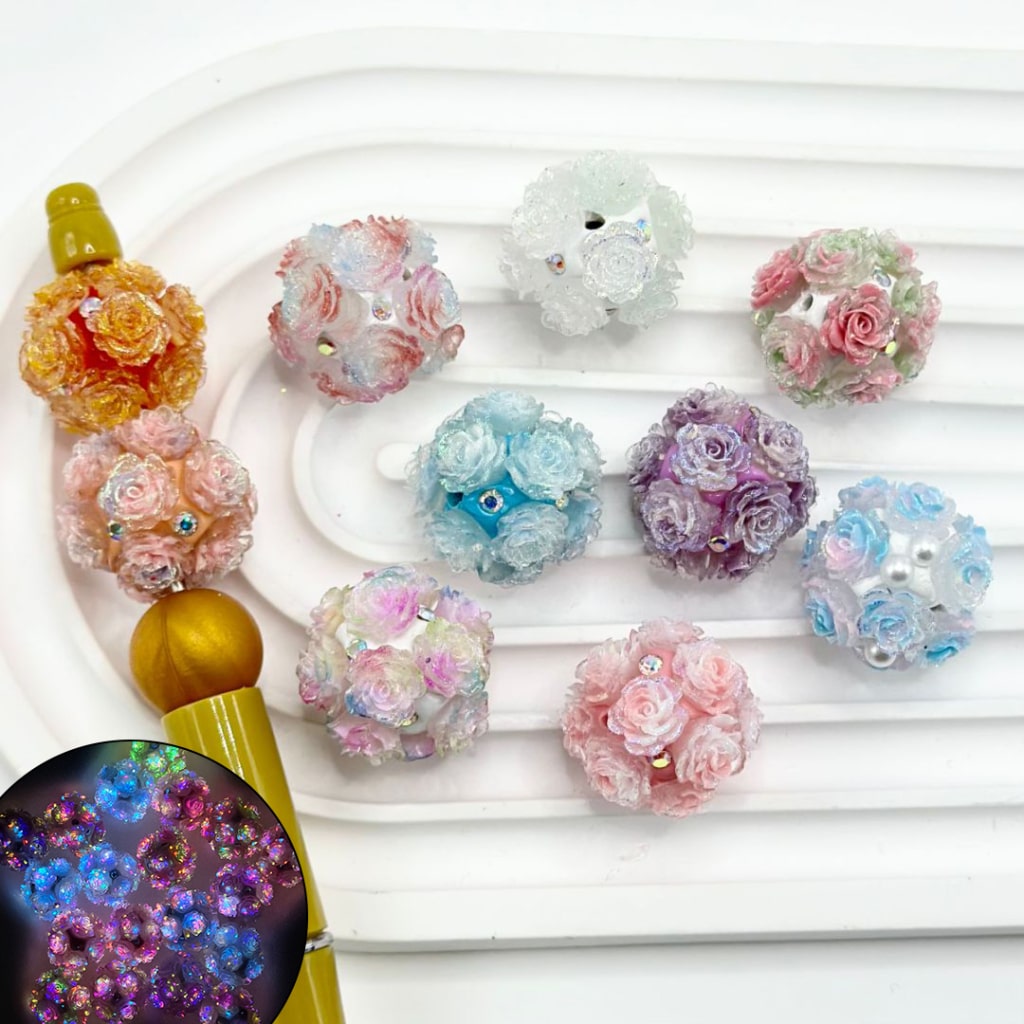Cute Flowers Luminous Colorful AB Rhinestones Round Clay Beads, Random Mix, 20MM