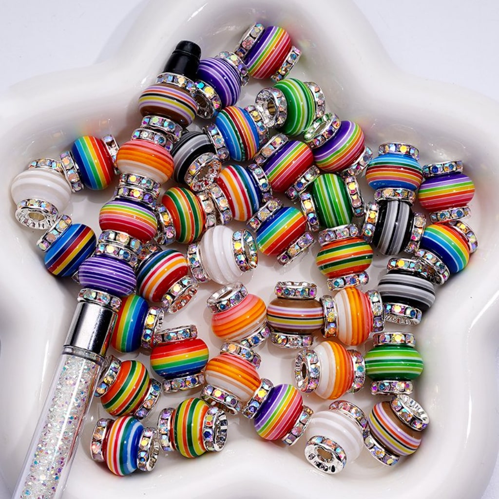 Rainbow Color Wheel Abacus Acrylic Beads with Flat Silver Metal Spacer & AB Rhinestones 12MM, Assorted Mix