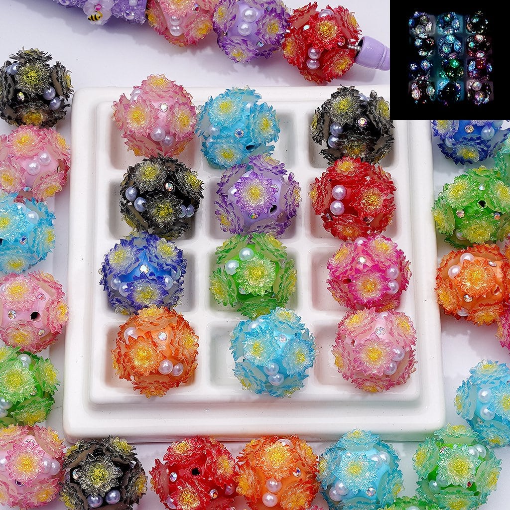 Multi-Color Glitter Flowers AB Rhinestones Luminous White Pearls Round Clay Beads 22MM Random Mix