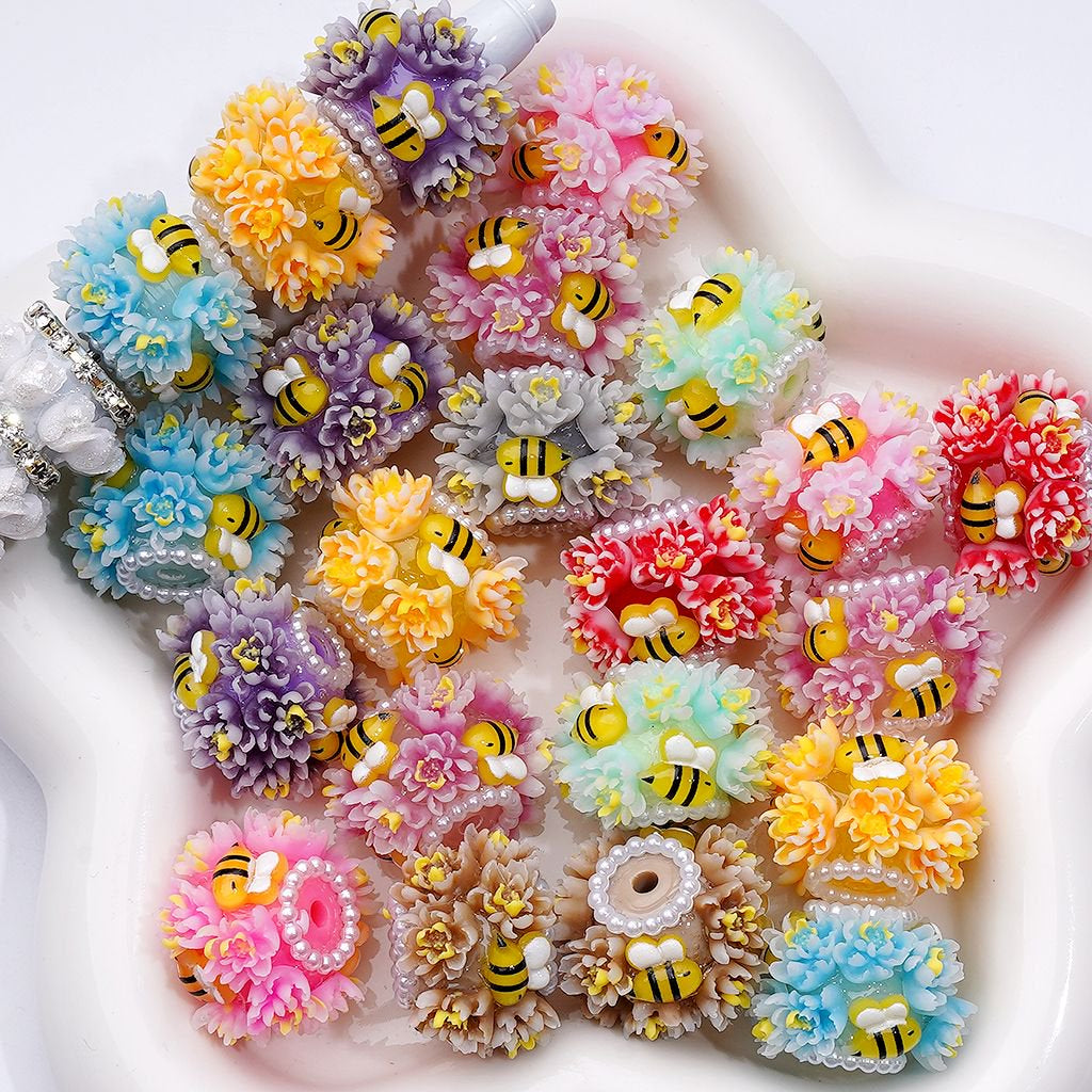 Vibrant Mini Flower & Bee Beads – Playful Acrylic Design with Pearls & Rings, Random Mix