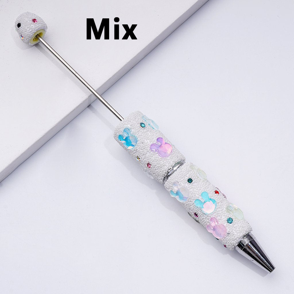 Beadable Clay Pens Covered with Colorful Shiny Rhinestones Mini Snow Balls and Cute Bunny Heads Along the Entire Pen