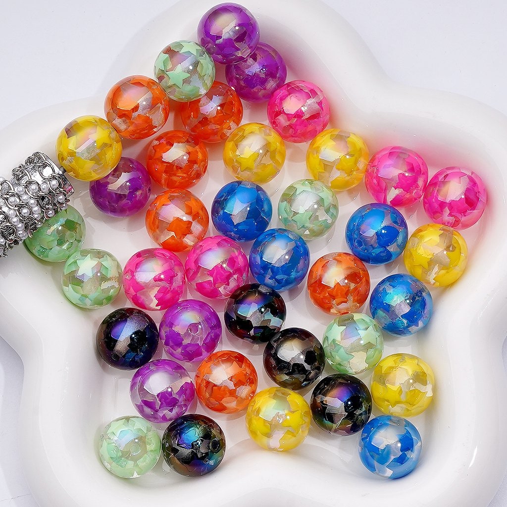 Clear Round Acrylic Beads Multi-Color Cute Resin Stars Inside, 16MM, Random Mix