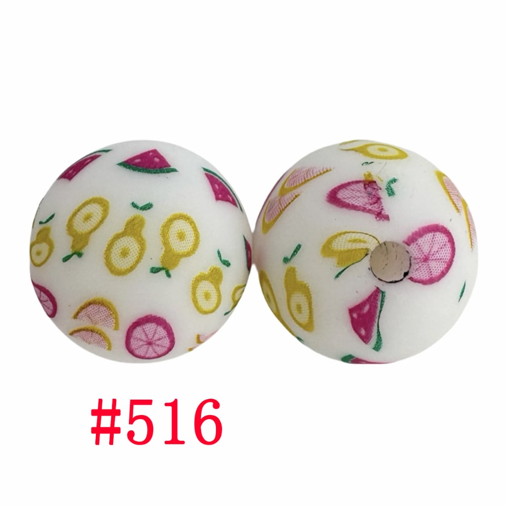 Printed Round Pear Grapefruit Watermelon Fruits Silicone Beads, 15mm, Number 516