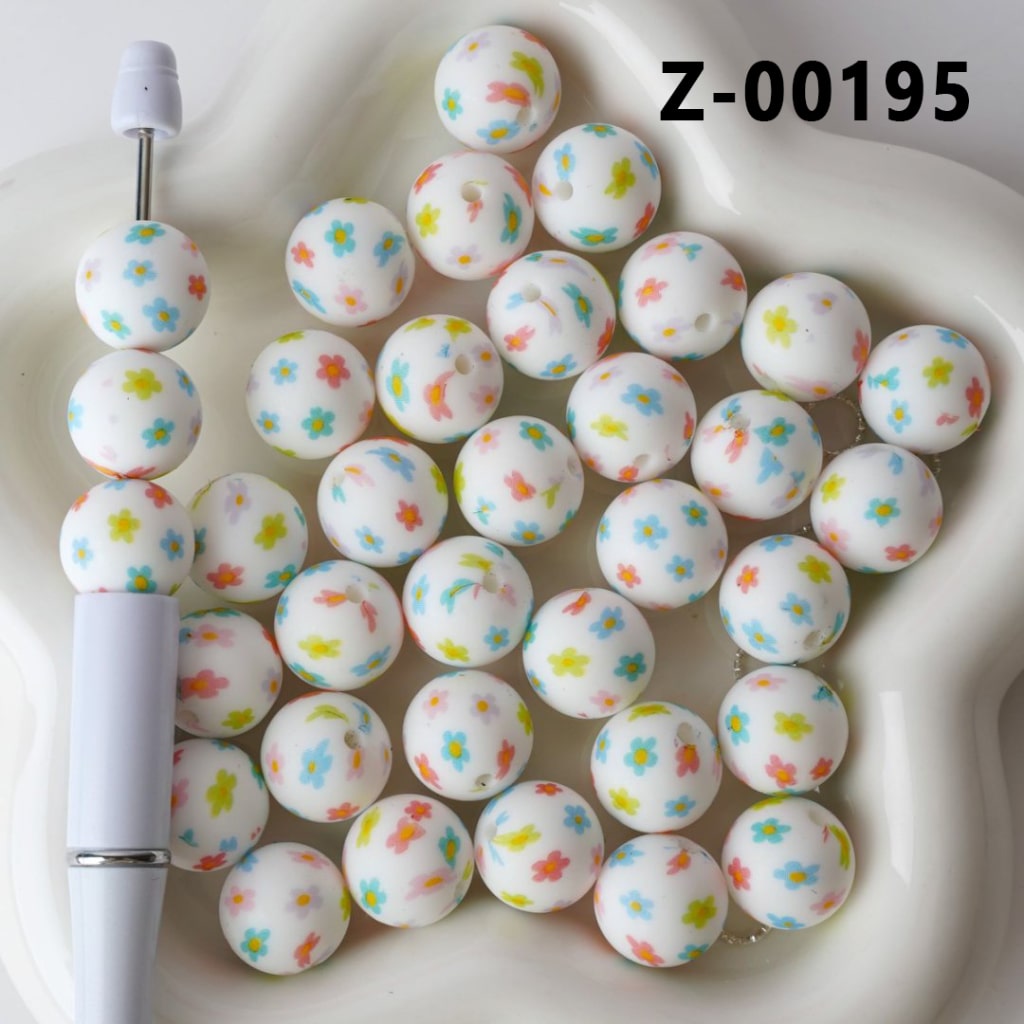 Colorful Mini Cute Flowers White Round Printed Silicone Beads 15MM, Number Z-00195