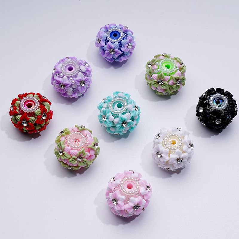 Flowers Clear Rhinestone Multi-Color Cute Inside White Pearls Ring Clear Sugars Round Clay Beads, 20MM