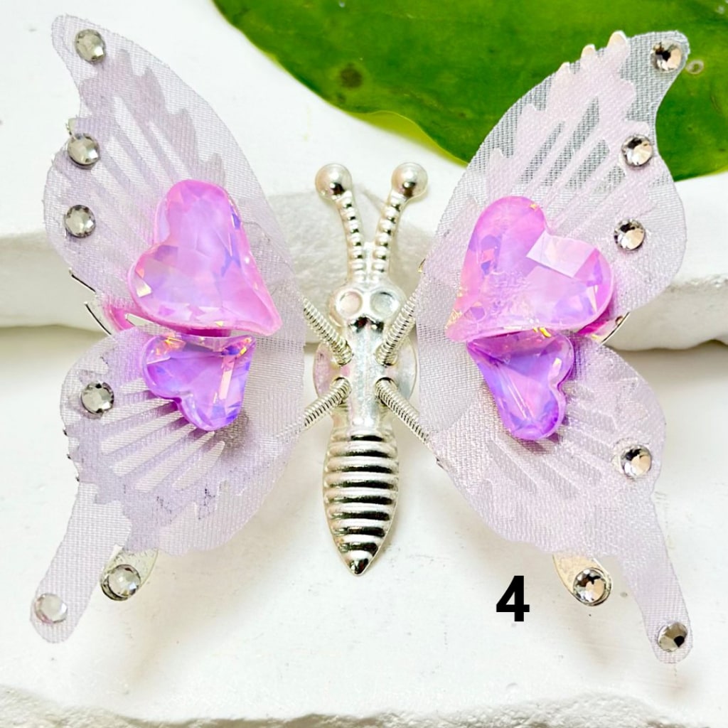 Clear Rhinestones Exquisite Silver Alloy Butterfly with  Colorful Fabric Wings Shiny Hearts Diamonds, Around 53*43MM
