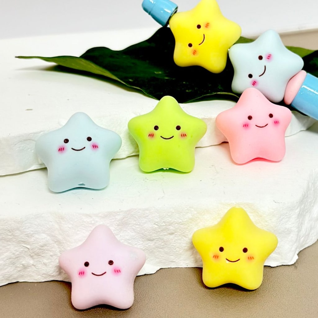 Smile Face Solid Color Star Acrylic Beads, Around 24*23MM