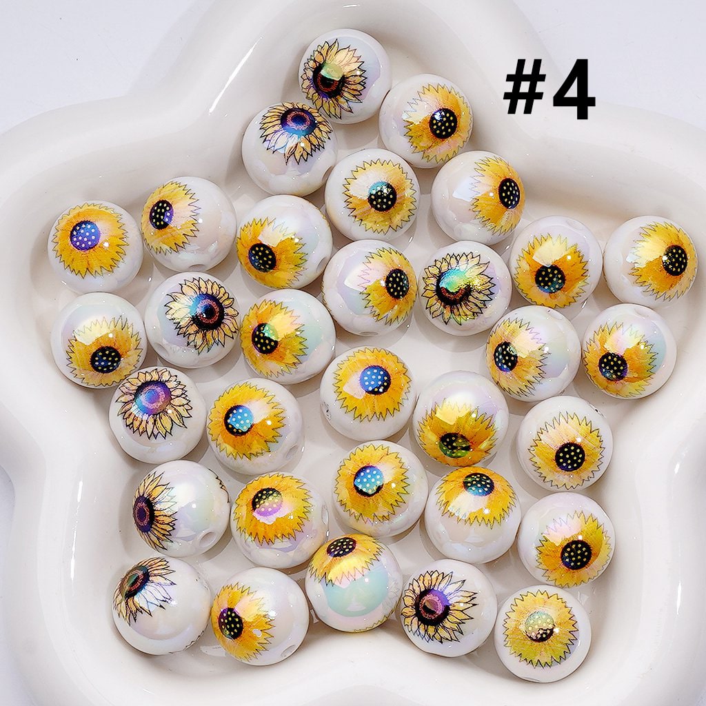 UV Coating Clear White Round Acrylic Beads with Sun Flowers 16MM