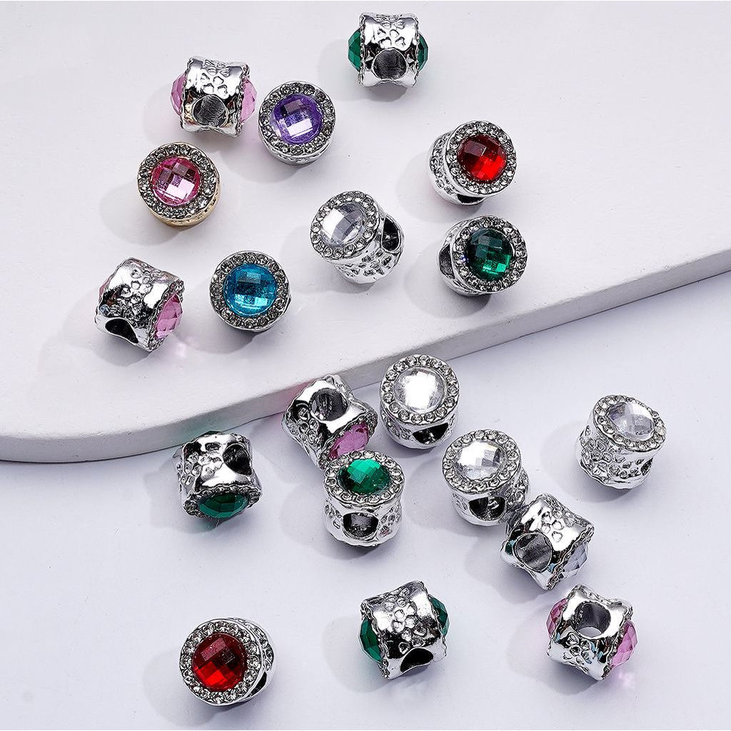 Pandora Cylinder Shape Spacer Beads with Colorful Rhinestones Fancy Gold Alloy Large Hole 10MM Random Mix