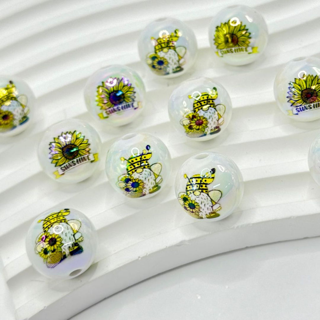 Sun Flower Little Gnome UV Finish Sunshine White Round Acrylic Beads, Random Mix, 16MM