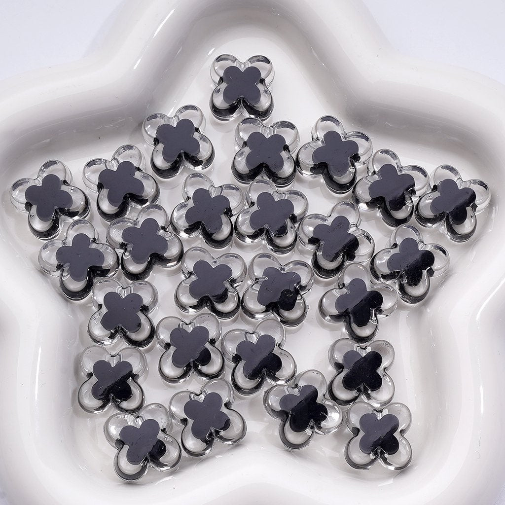 Charming Dual-Tone Acrylic Beads – Clear & Black Four-Leaf Clover with Butterfly, 16MM