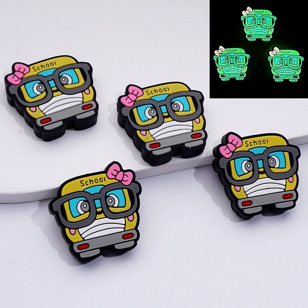 Glowing School Bus Silicone Focal Beads – Adorable Glasses & Pink Bow Accent