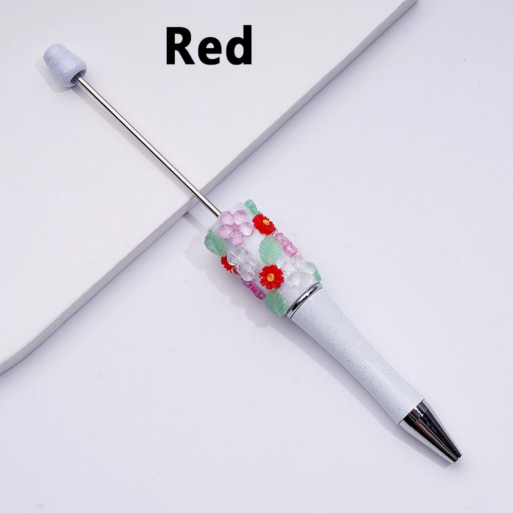 Elegant White Glitter Beadable Pen – Adorned with Vibrant Flowers & Green Leaf Accents